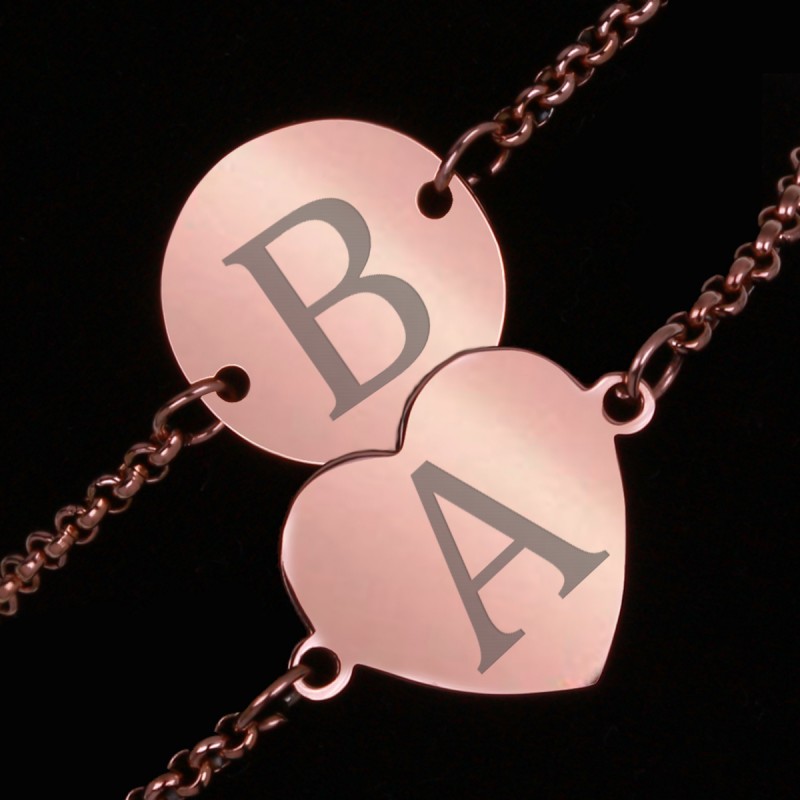 Set Bratari Gravate Rose Gold din Inox Inima Rotund Initiale