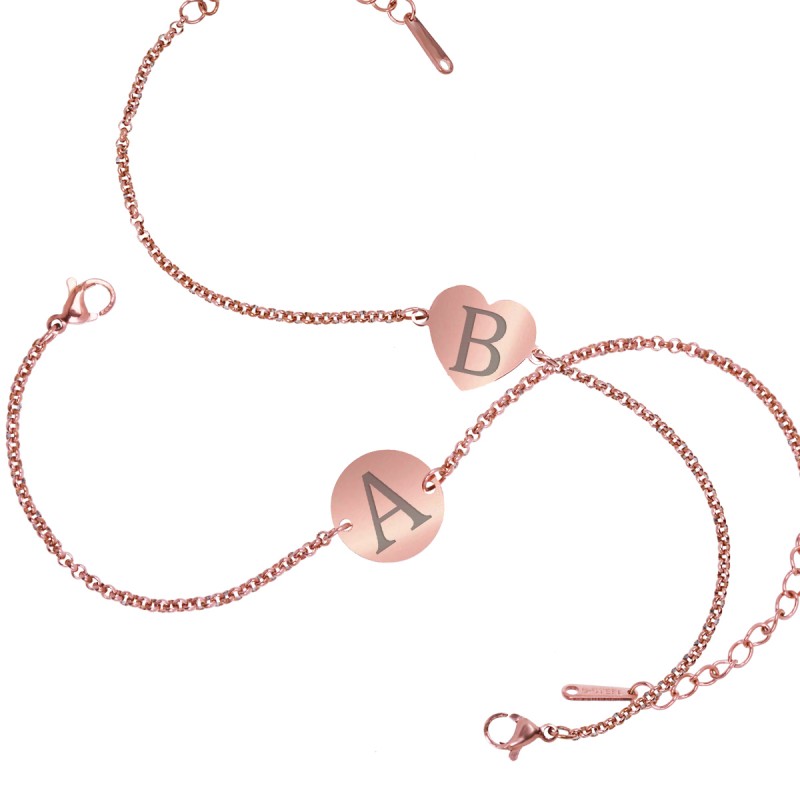 Set Bratari Gravate Rose Gold din Inox Inima Rotund Initiale
