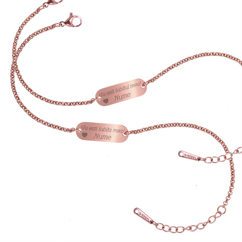 Set Bratari Gravate Rose Gold din Inox Oval Declaratie Nume