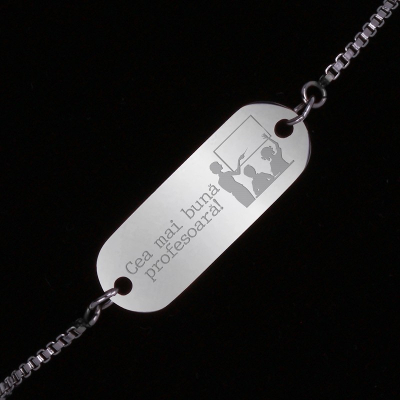 Bratara Gravata Argintie din Inox Oval Cea mai buna Profesoara